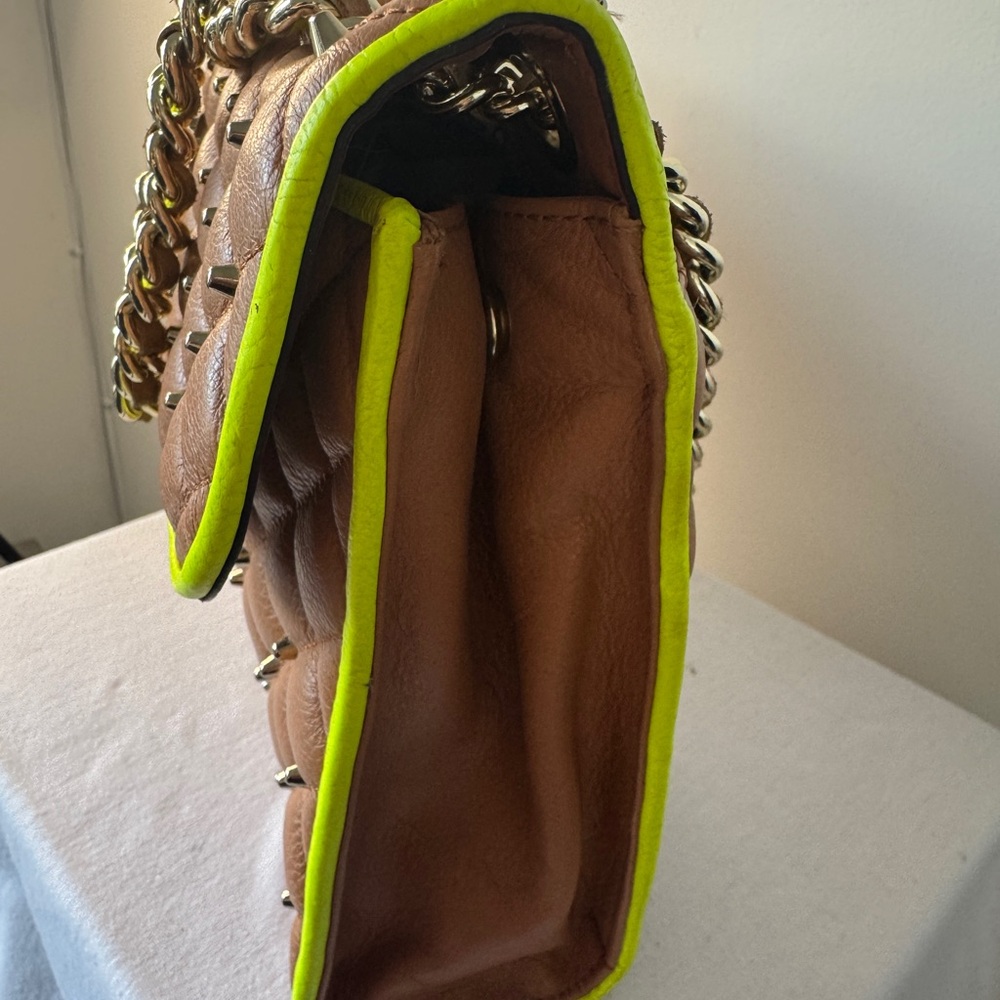Rebecca Minkoff Quilted Tan Shoulder Bag with Neon Yellow Trim - Picture 4 of 9
